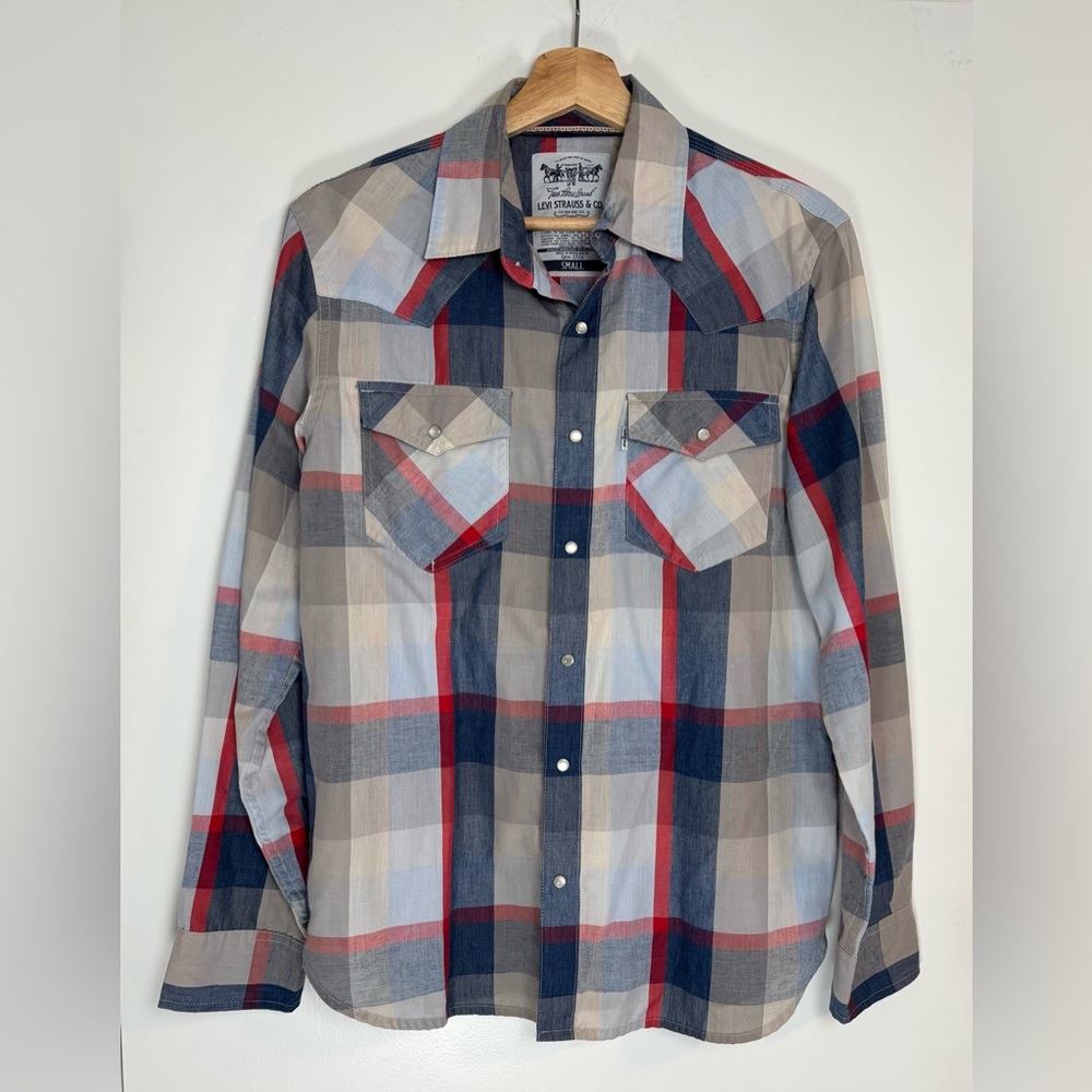 Levi's Men's Pearl Snap Button Plaid Shirt - Red, Blue, and Gray